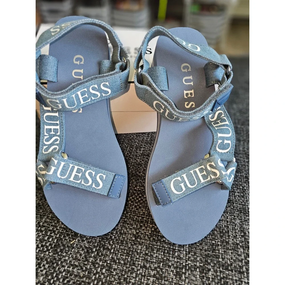 Guess AVIN3 Platform Sandals Womens 7 Medium Blue New Denim Logo Straps